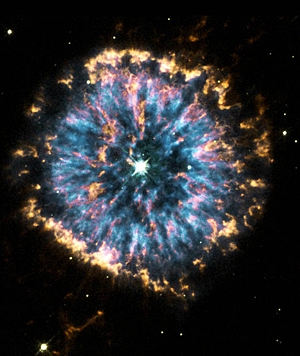 Photographed by the Hubble Telescope, the bright star inside this nebula (gas cloud) is a very young white dwarf. Courtesy of Space Telescope Institute/NASA and the Hubble Heritage Team